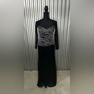 Women’s T by Tadashi Shoji Vintage 90s Black Silver Long Sleeve Maxi Dress Small